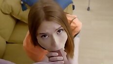 Horny hot redhead Pepper Hart coaxes her stepbrother to help her through her injury by sucking and fucking his big dick