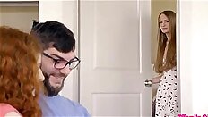 Redhead teen Abby Rains sneaks around with her stepbrother for hardcore fucking and blowjobs all over the house