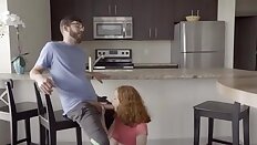 Redhead teen Abby Rains sneaks around with her stepbrother for hardcore fucking and blowjobs all over the house