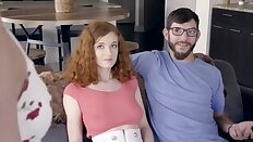 Redhead teen Abby Rains sneaks around with her stepbrother for hardcore fucking and blowjobs all over the house