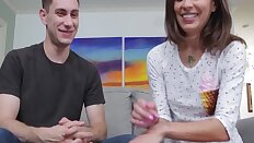 Kacie Castle gets down on her knees and sucks Brads big cock