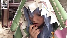 Bluehair cosplay babe in uniform jerks