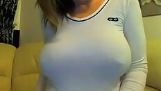 Huge nipples on big natural tits under T flashed
