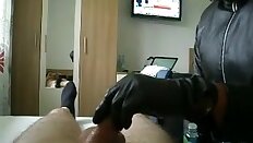 Leather gloved Bi Handjob