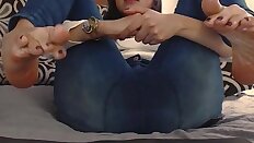 oily feet tease in jeans