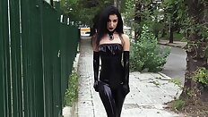 Ultra sexy goth girl wearing black lipstick in public