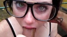 Big glasses Deepthroat to the hilt