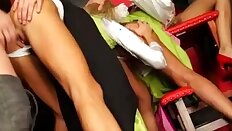 Sexy babes in foursome get pussy fucked from lucky guy