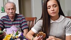 Rimmed teen beauty takes grandpa cum in mouth