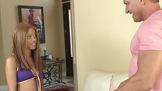 Pierced ebony cheerleader fucks the gardener