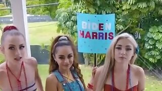 Earning a vote with foursome BBC sharing. These hot besties are campaigning really hard for their favorite candidate. They are ready to do anything to earn this guys vote.. even ride h is BBC!